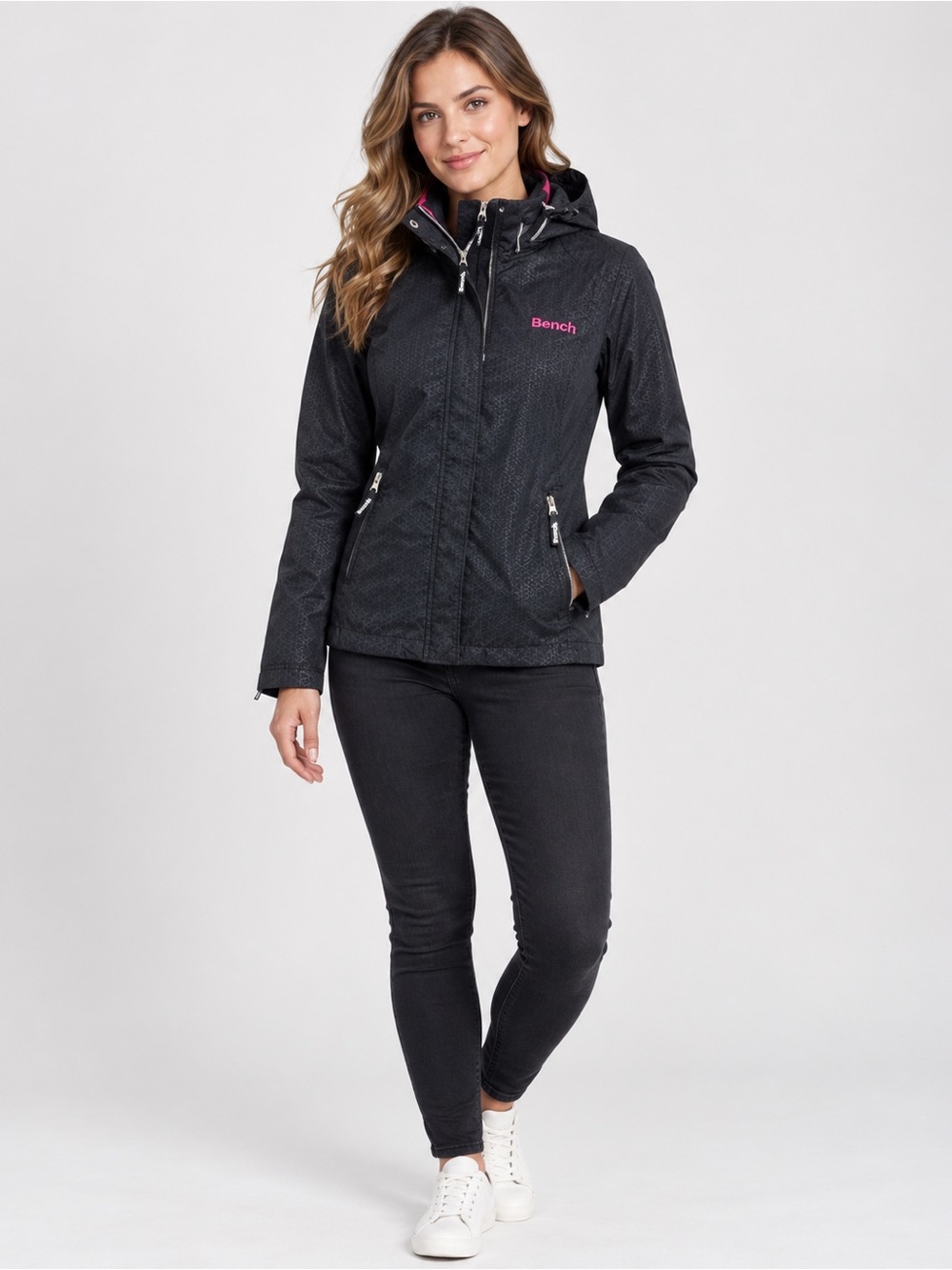 Bench Women’s Medium Black Geometric Hooded Lightweight Jacket Pink Logo